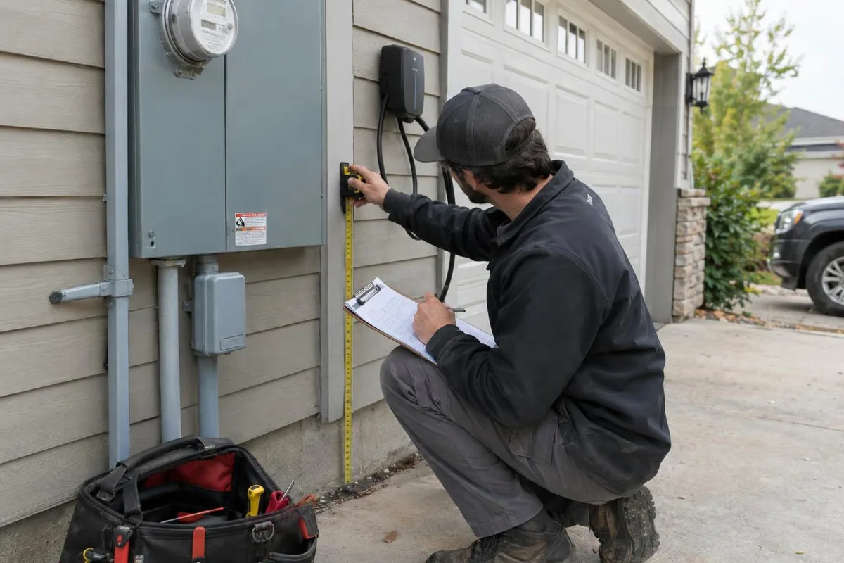 Electrician crouched beside an outdoor electrical panel, measuring the wall and writing on a clipboard