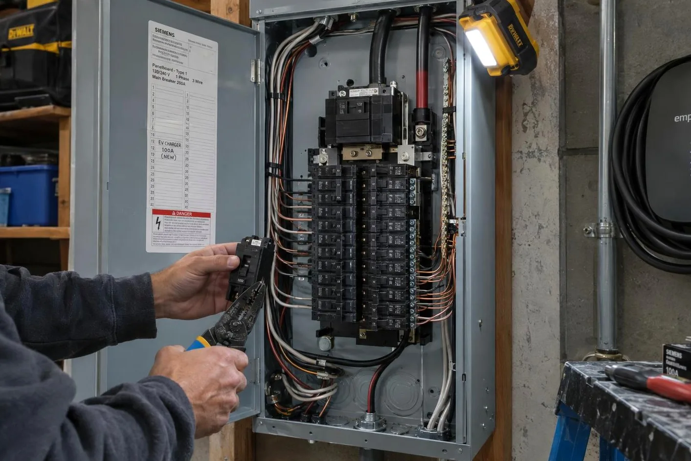 Electrician stripping a wire beside an open breaker panel lit by a work light